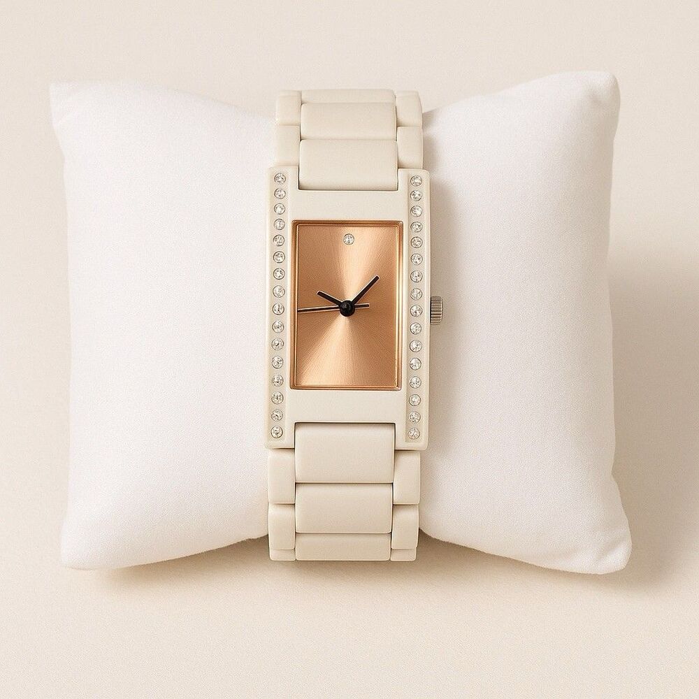 SEMPRE Women’s Rose Gold Watch Cream Ceramic Style Bracelet Crystal NEW BATTERY